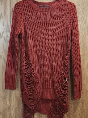 Rust Knit Fringe Longline Sweater